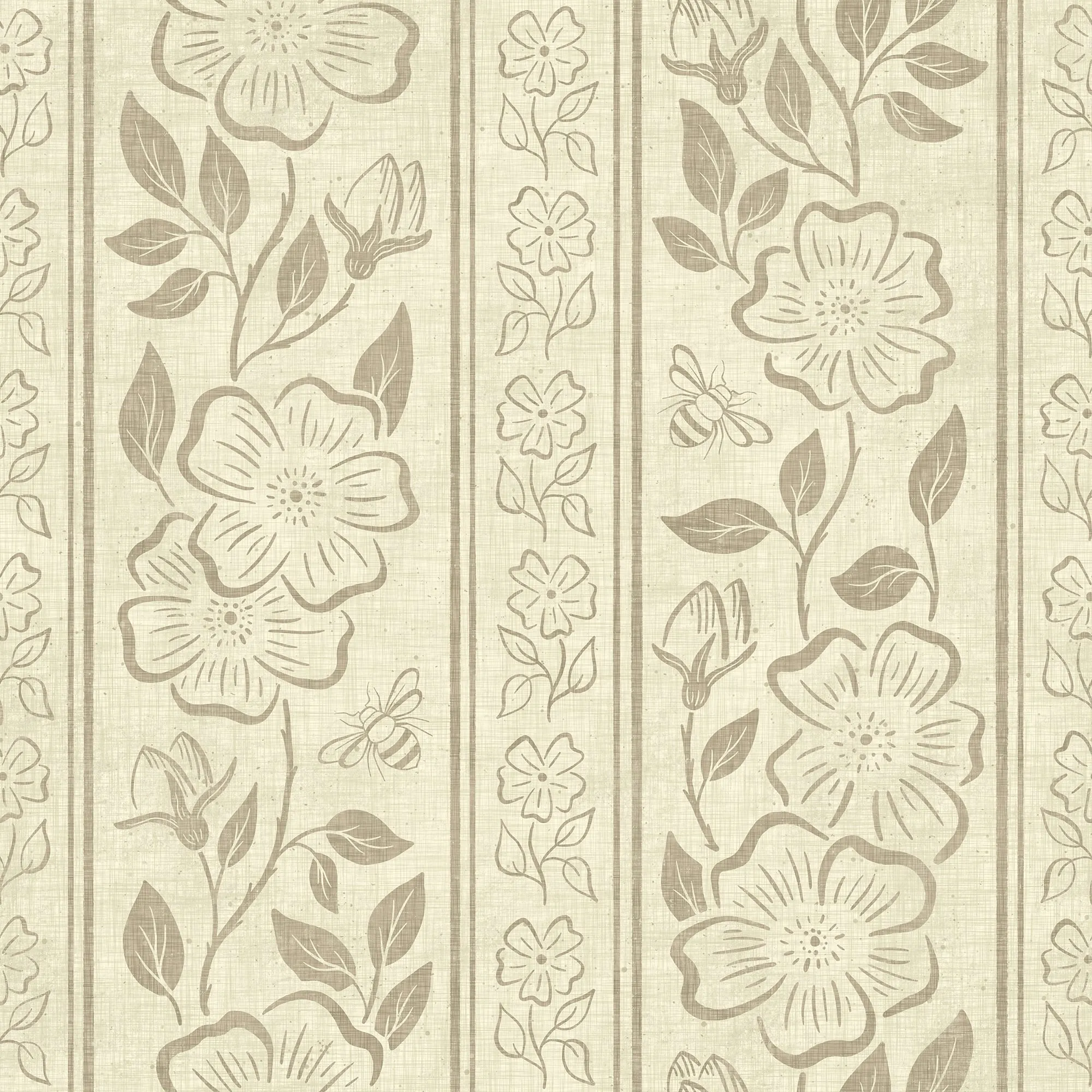 Botanical Stripe Wallpaper | Hand-Drawn Floral Elegance on Linen Texture