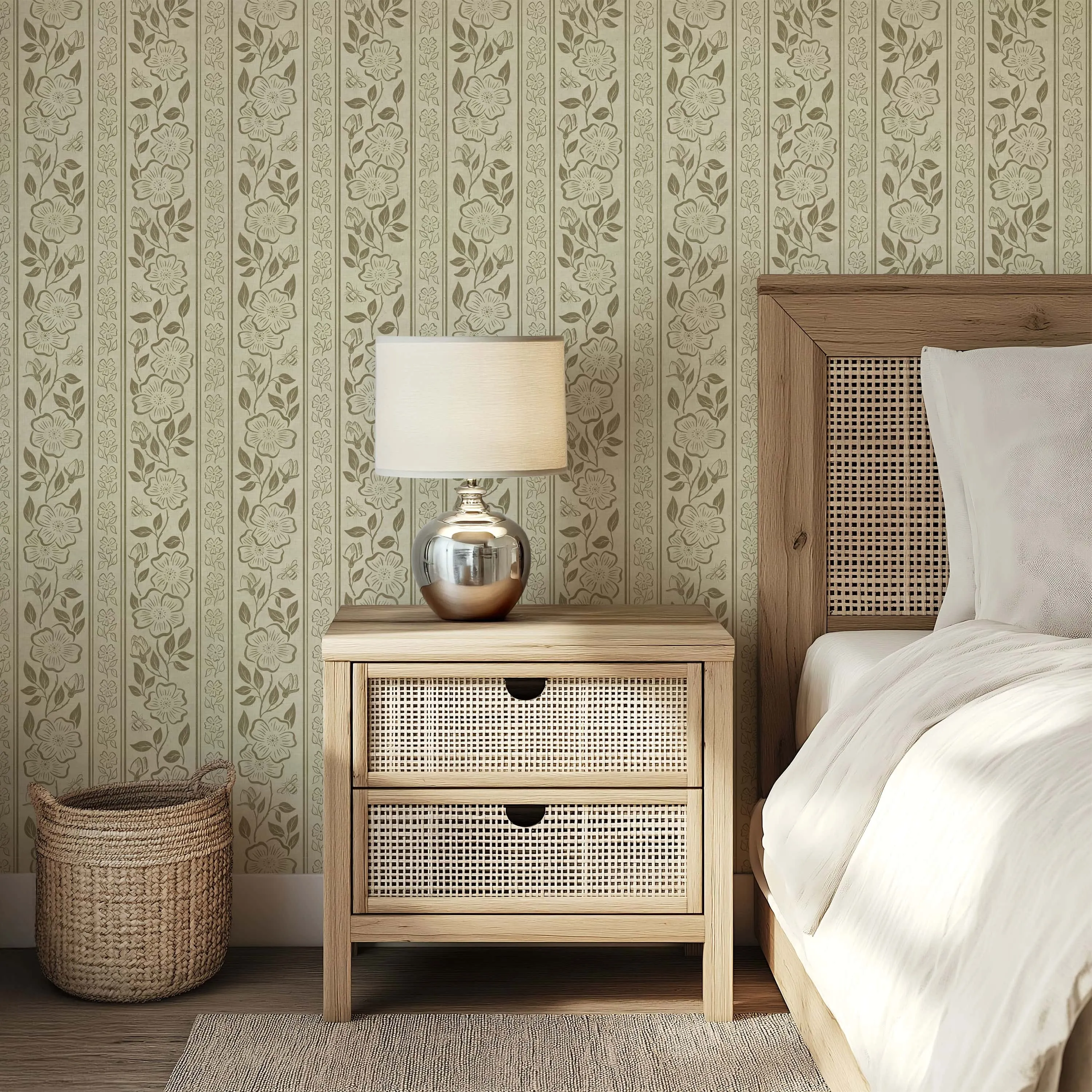 Botanical Stripe Wallpaper | Hand-Drawn Floral Elegance on Linen Texture