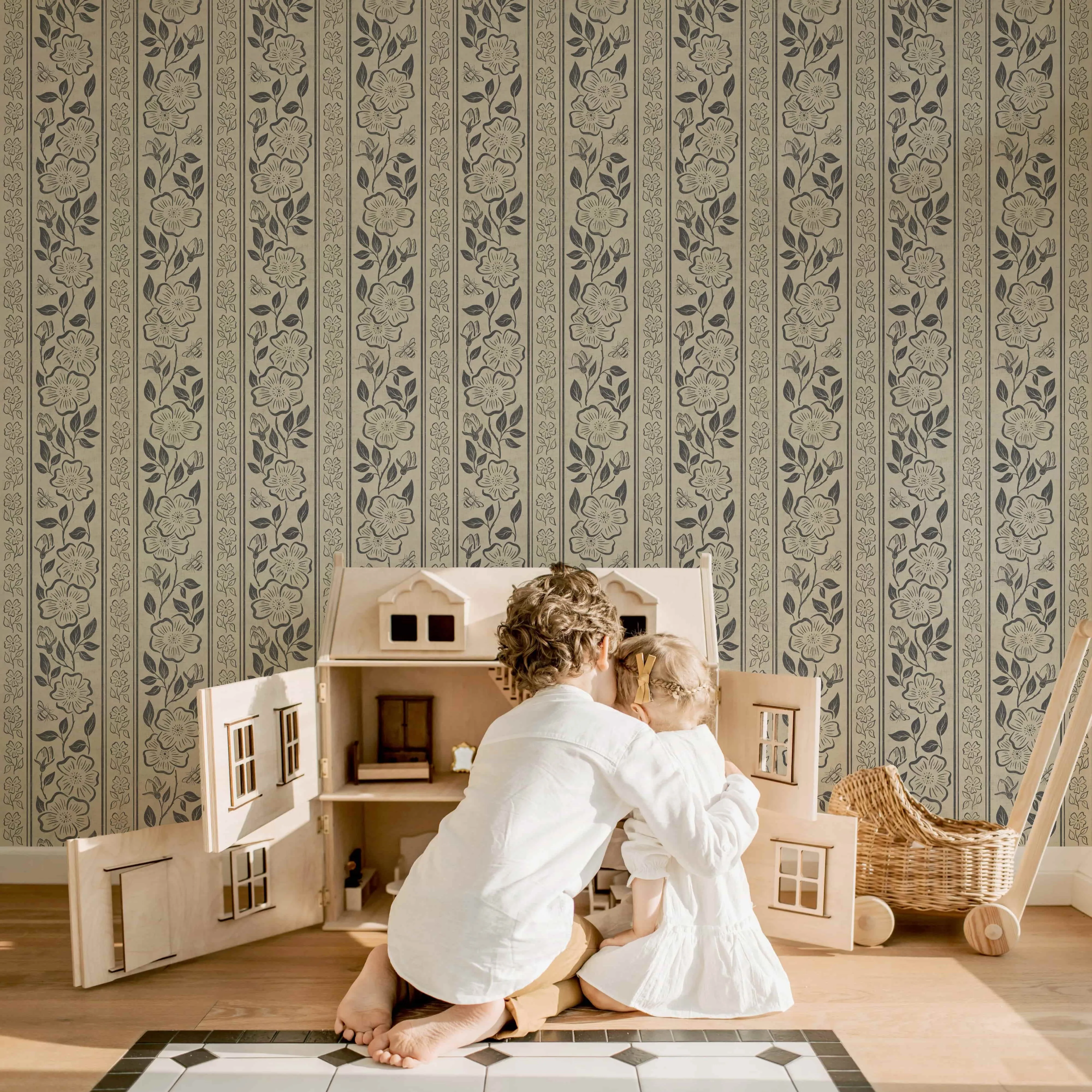 Botanical Stripe Wallpaper | Hand-Drawn Floral Elegance on Linen Texture