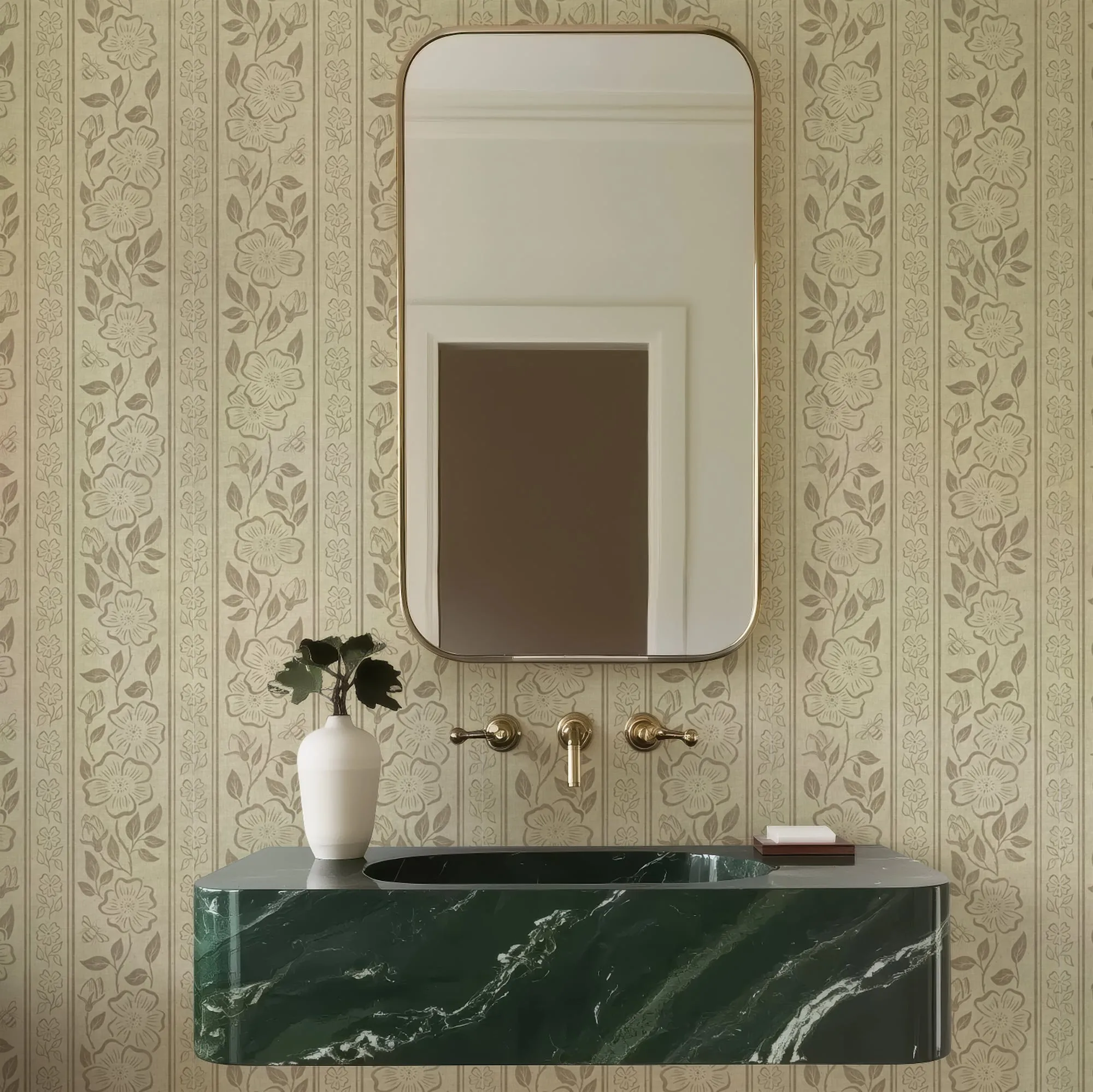 Botanical Stripe Wallpaper | Hand-Drawn Floral Elegance on Linen Texture