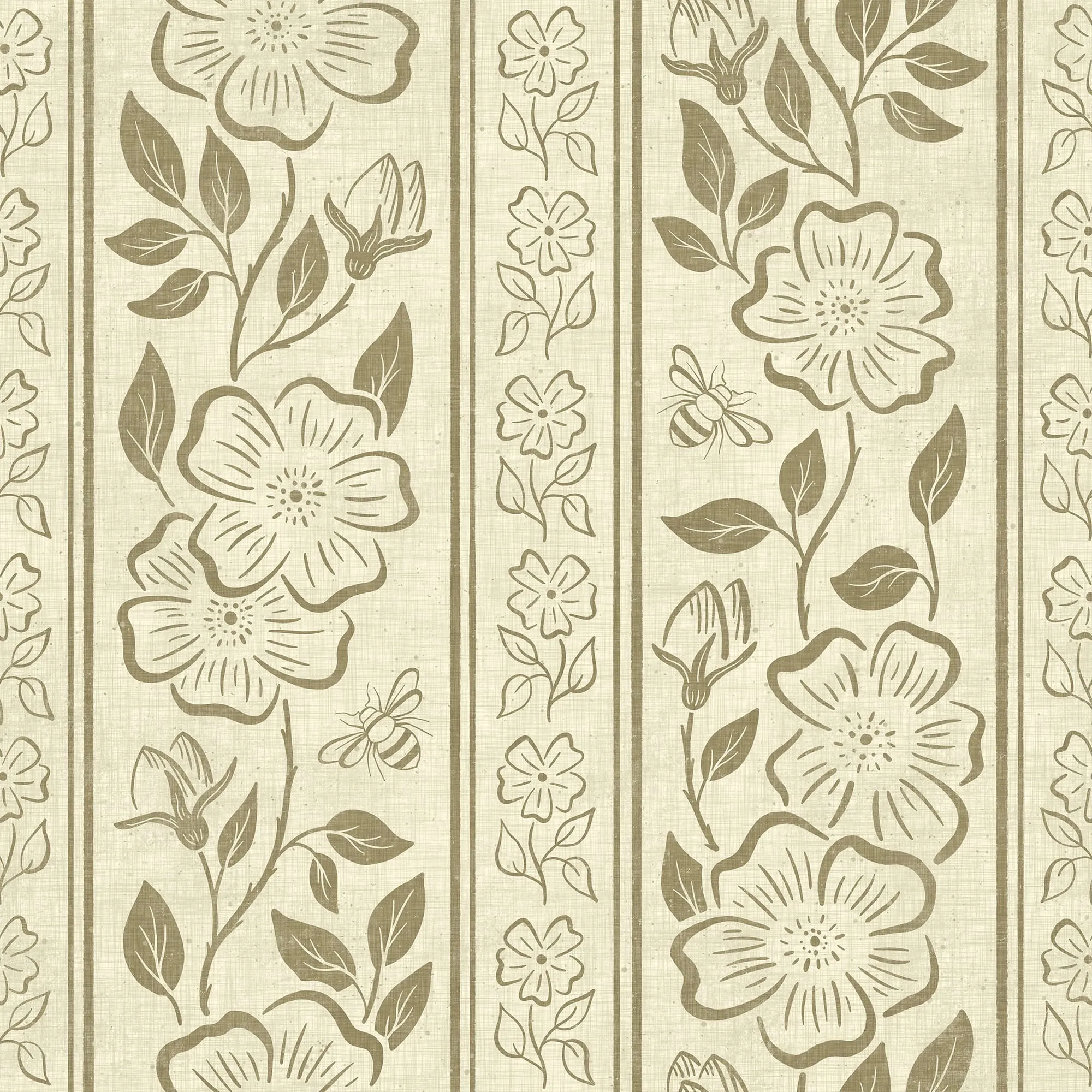 Botanical Stripe Wallpaper | Hand-Drawn Floral Elegance on Linen Texture