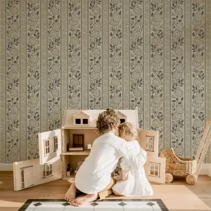 Botanical Stripe Wallpaper | Hand-Drawn Floral Elegance on Linen Texture