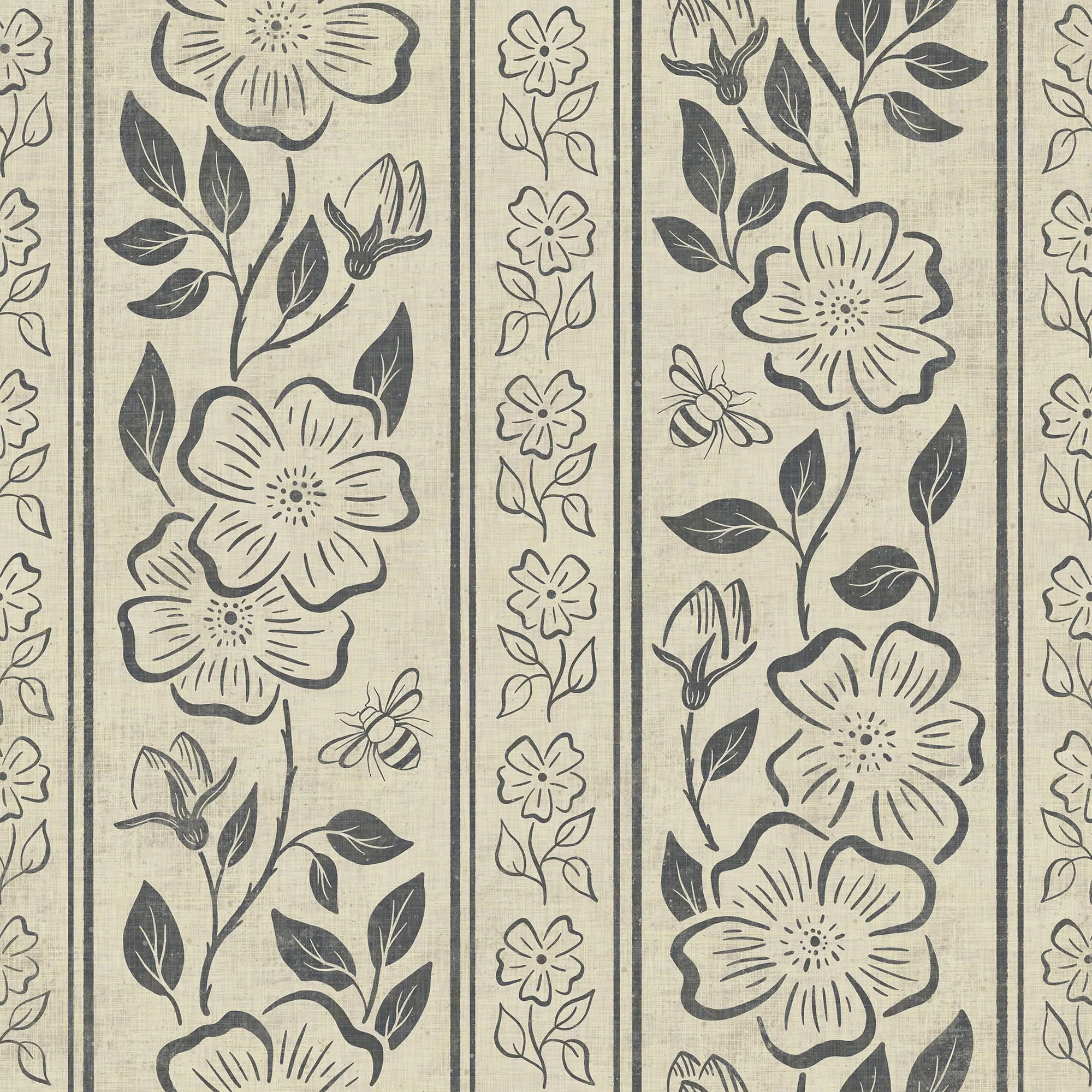 Botanical Stripe Wallpaper | Hand-Drawn Floral Elegance on Linen Texture