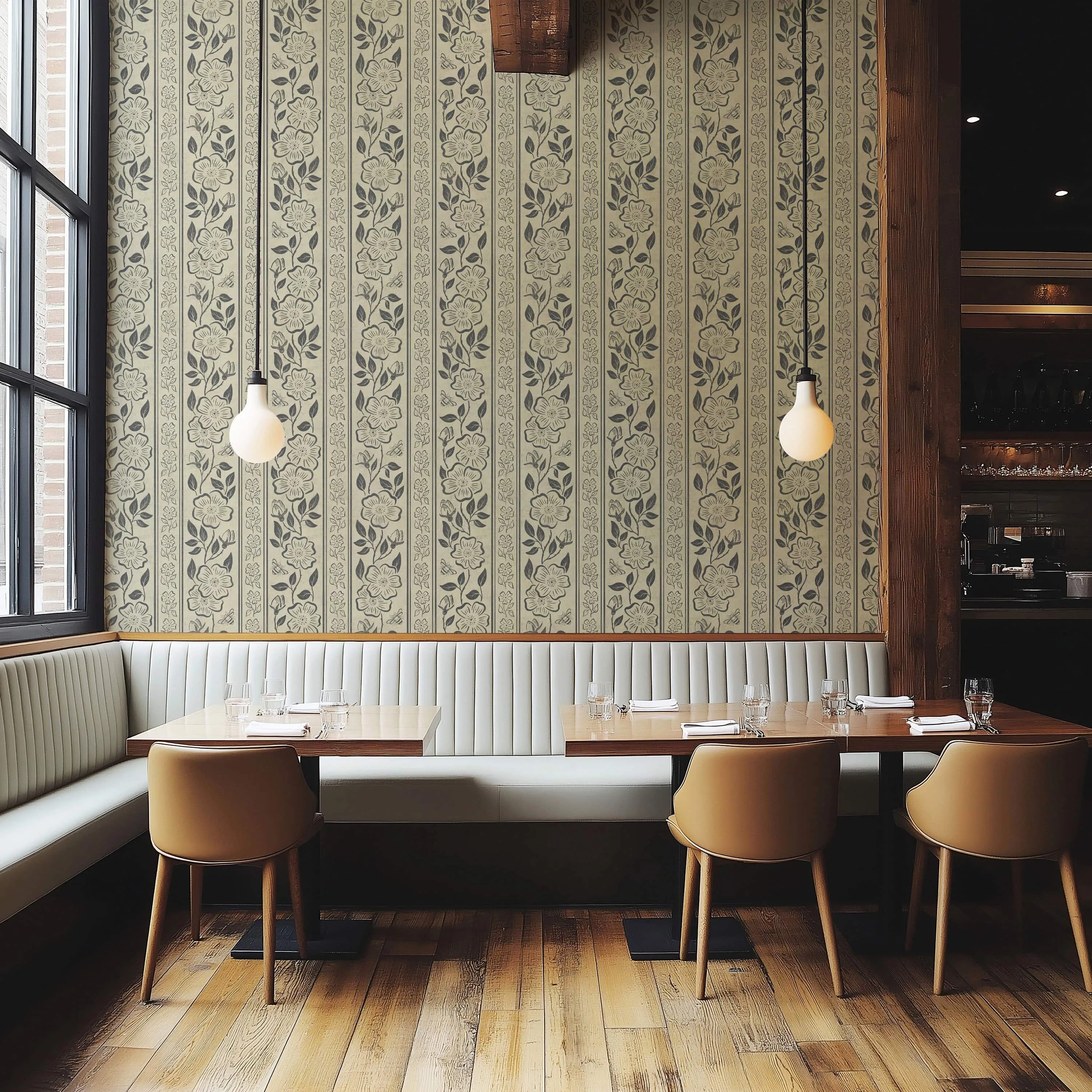 Botanical Stripe Wallpaper | Hand-Drawn Floral Elegance on Linen Texture