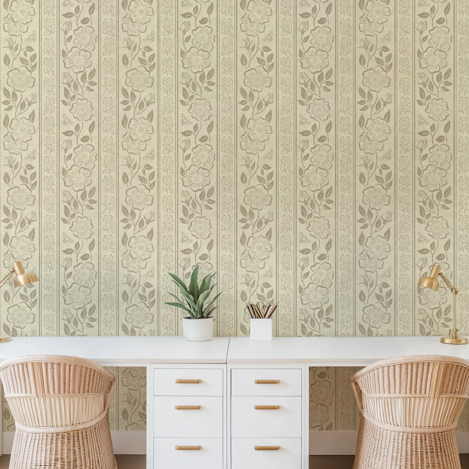 Botanical Stripe Wallpaper | Hand-Drawn Floral Elegance on Linen Texture
