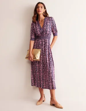 Lily Jersey Midi Tea Dress-Old Rose, Foliage Stamp