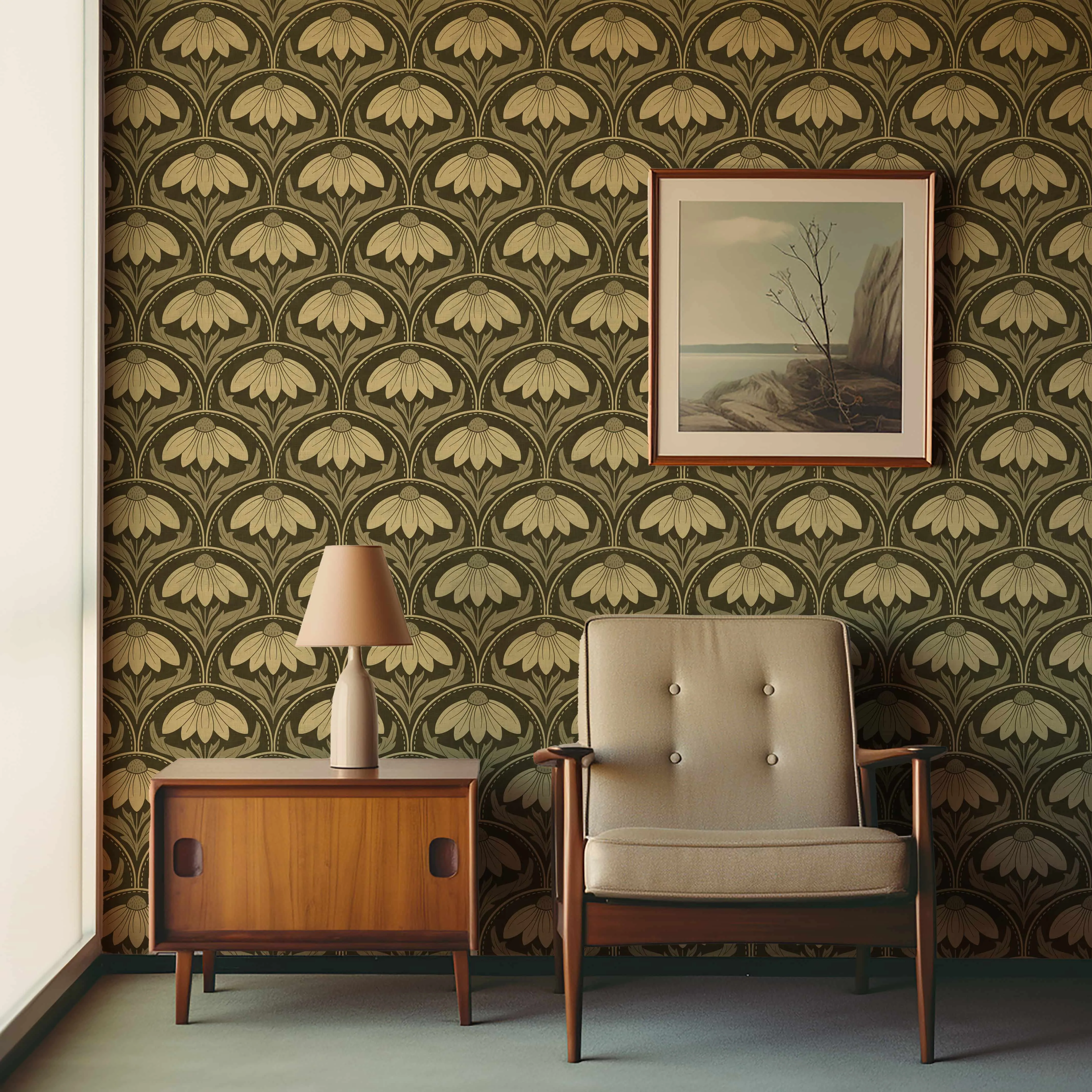 Scalloped Coneflower Wallpaper – Vintage Floral Elegance