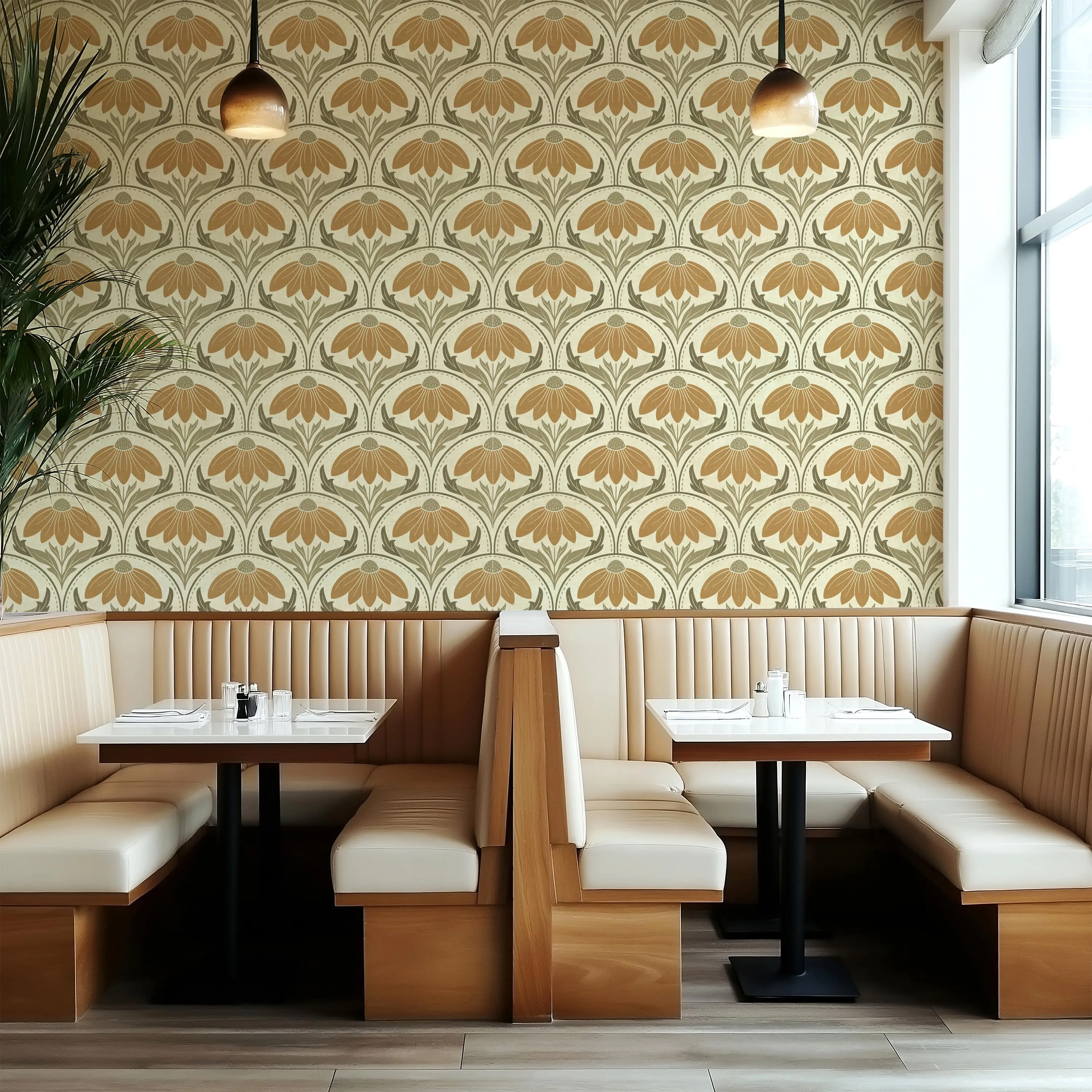Scalloped Coneflower Wallpaper – Vintage Floral Elegance