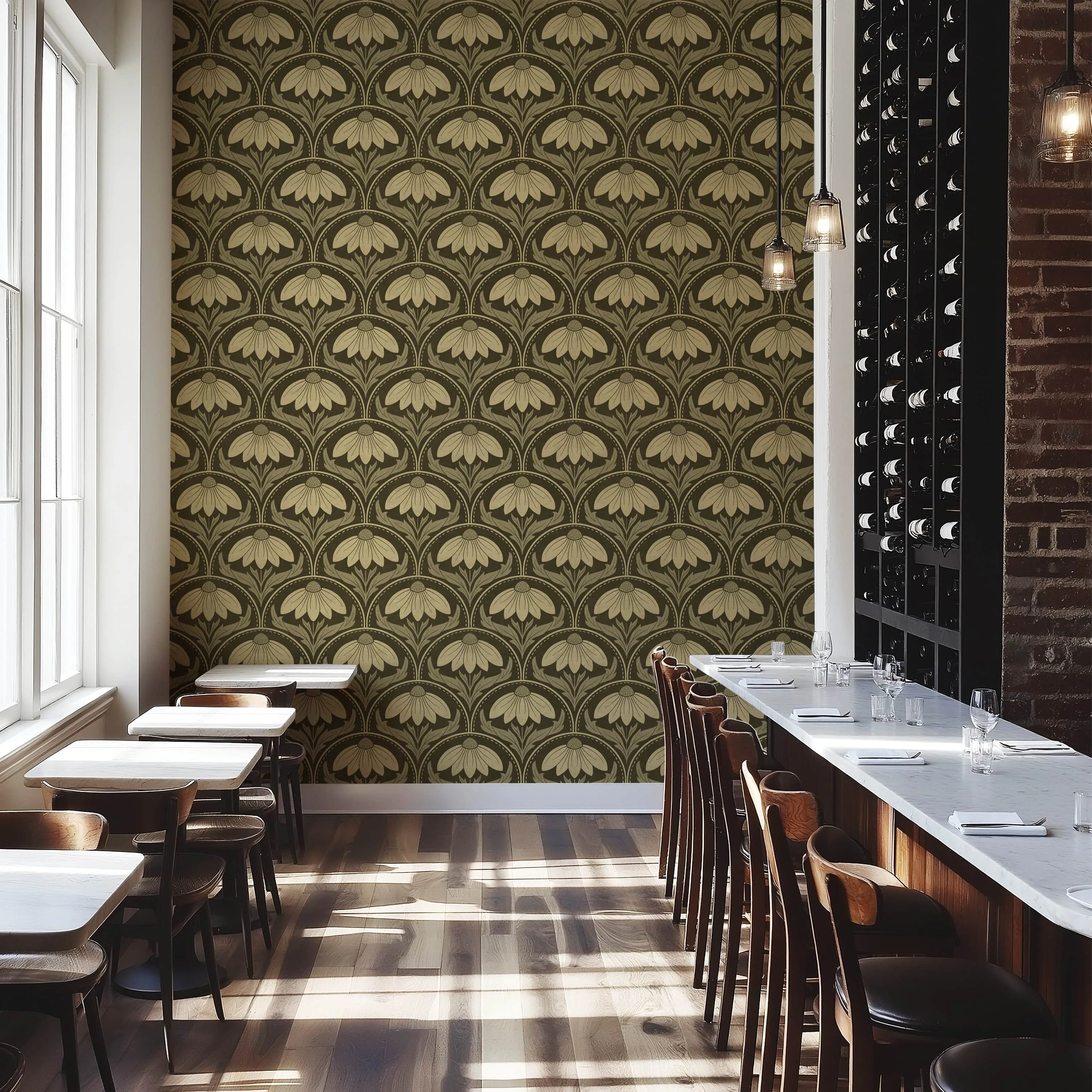 Scalloped Coneflower Wallpaper – Vintage Floral Elegance