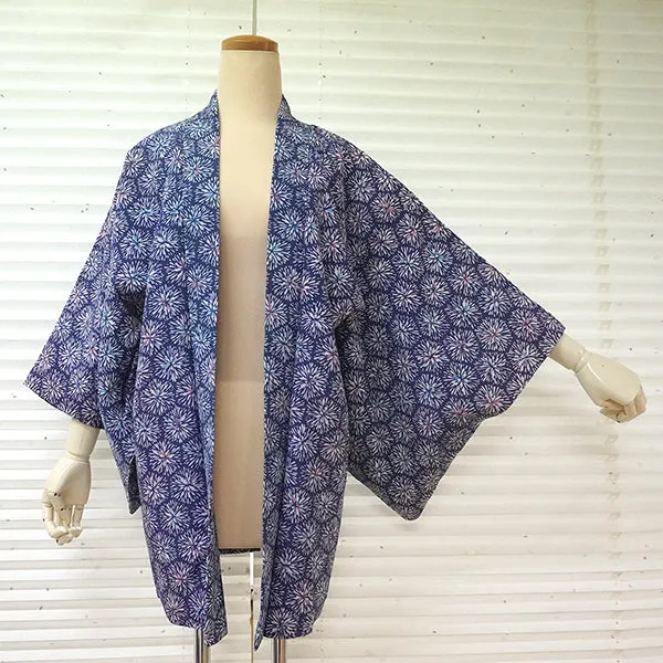 Vintage Haori Kimono Jacket Silk, Blue  base, Chrysanthemum Motif