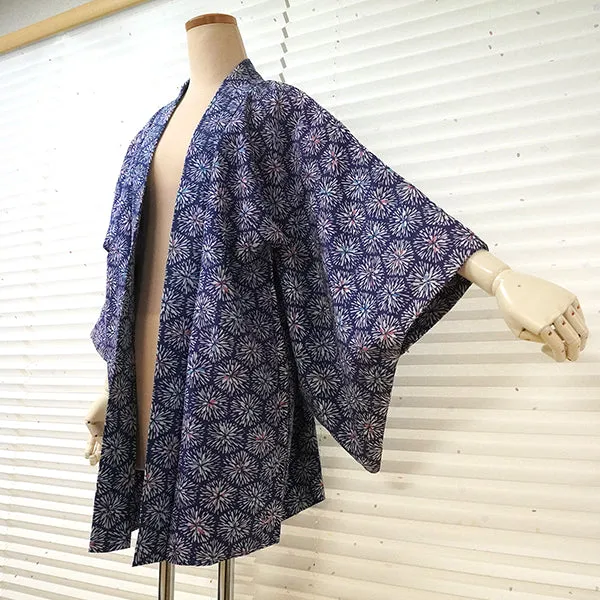Vintage Haori Kimono Jacket Silk, Blue  base, Chrysanthemum Motif