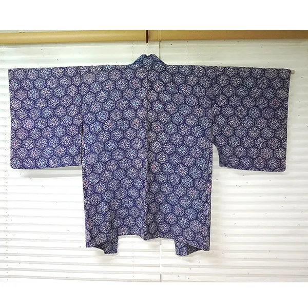 Vintage Haori Kimono Jacket Silk, Blue  base, Chrysanthemum Motif