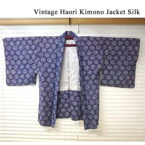Vintage Haori Kimono Jacket Silk, Blue  base, Chrysanthemum Motif