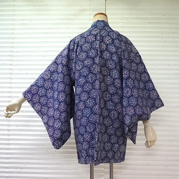Vintage Haori Kimono Jacket Silk, Blue  base, Chrysanthemum Motif