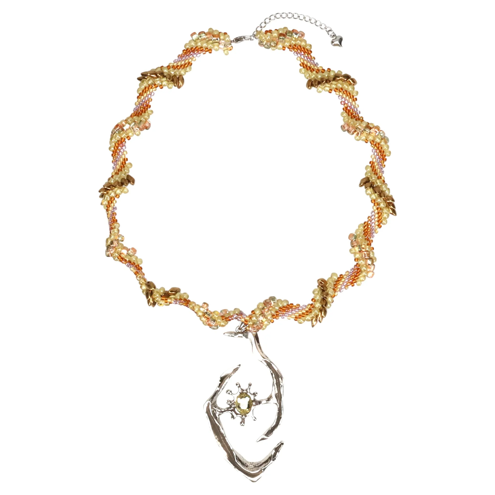 WAVY BEADED METAL PENDANT NECKLACE / BEIGE/GINGER/NUDE/PURPLE